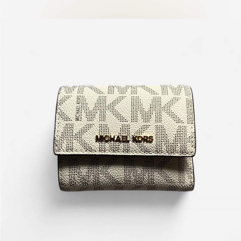 SOLD Michael Kors Cream Monogram Compact Trifold Wallet with Gold Hardware